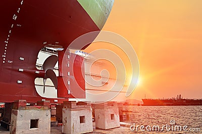 Stern ship mooring in the floating dock during maintenance. Stock Photo