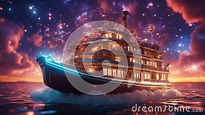 ship at night highly intricately detailed photograph of Impressive Motor boat in navigation Stock Photo