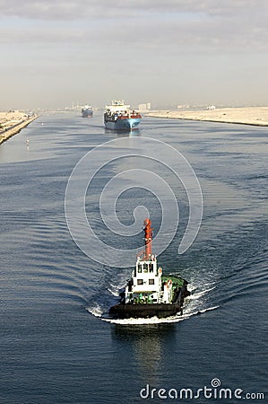 Ship passing through the Suez Canal Stock Photo