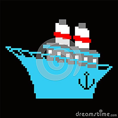 Ship pixel art. 8 bit Steamboat vector illustration. Blue boat Vector Illustration