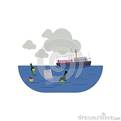 Ship in polluted sea with garbage isolated on white background Vector Illustration