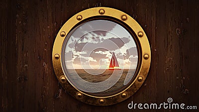 Ship porthole and sailing boat float on the water Stock Photo