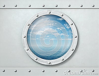 Ship porthole or window with sea and horizon 3d illustration Cartoon Illustration