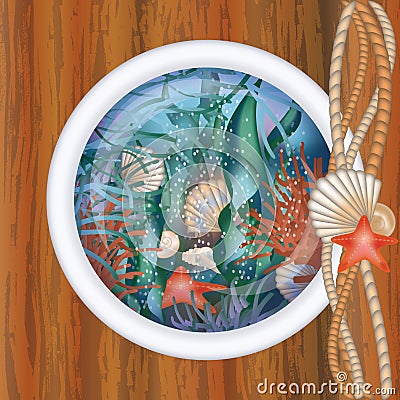 Ship porthole window with underwater scene Cartoon Illustration