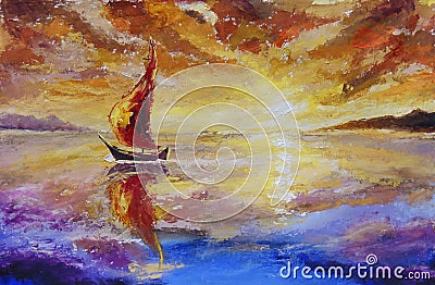 A ship with red sails original oil painting. Beautiful sunset, dawn over sea, water. Impressionism. Art. Cartoon Illustration