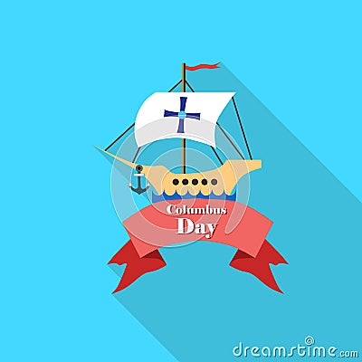 Ship and ribbon of Columbus day icon, flat style Vector Illustration