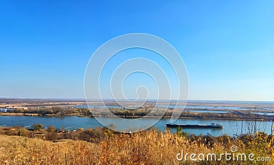 A ship on the river, fields. Stock Photo