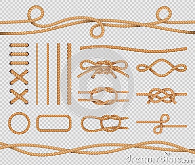 Ship rope elements. Realistic marine loops and knots. Nautical ropes. Vector isolated set on transparent background Vector Illustration