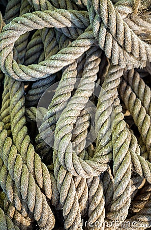 Ship ropes heap. Pile of various ropes and strings Stock Photo