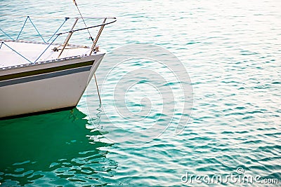 Ship`s bow and aquamarine water, lake Garda. Boat and sea, detail Stock Photo