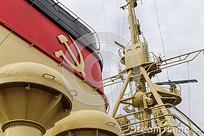 Ship`s funnel of old icebreaker Krasin with soviet symbol Stock Photo