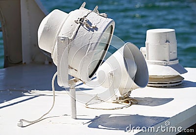 Ship`s Megaphone and ship`s searchlight Stock Photo