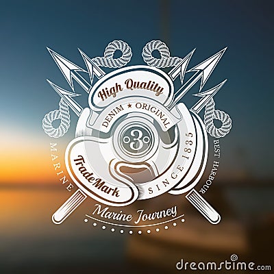 Ship`s Propeller With Cross Trident. Marine Vintage Label On Blurred Sea Background Vector Illustration