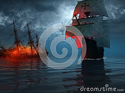 Ship sailing near a wreck Stock Photo