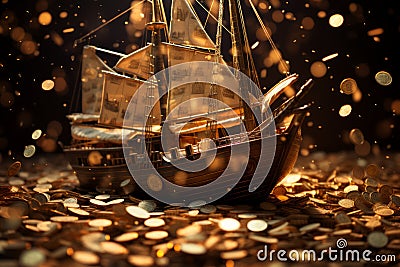 The ship sails through a sea of sparkling gold coins Stock Photo