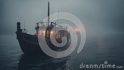 ship in the sea A haunted boat drifting on a dark and foggy sea, with blood stains Stock Photo