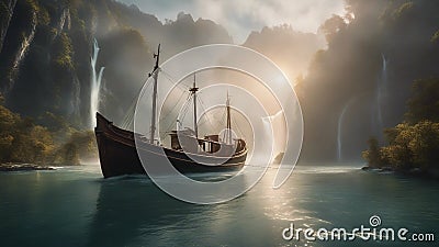 ship in the sea highly intricately detailed photograph of Fishing boat on it's way to fishing beautiful waterfall Stock Photo