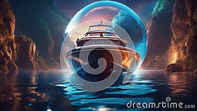 ship in the sea highly intricately detailed photograph of Speed boat at sea, view from above inside crystal ball Stock Photo