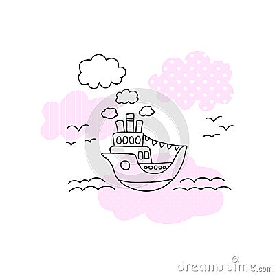 Ship in sea illustration with black line on white background. Cute ship in sea print for girl. Cartoon Illustration