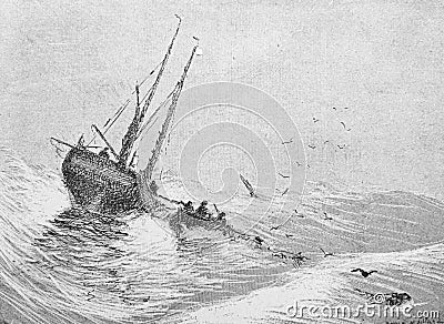 Ship at sea in a storm or Evening by Maillard in the old book Catalogue Illustre, by L. Baschet, 1898, Paris Stock Photo