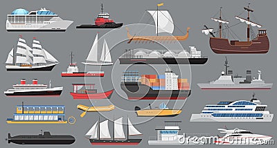 Ship set, sea ocean transport, vessel boat, sailboat yacht, cruise liner, marine cargo Vector Illustration