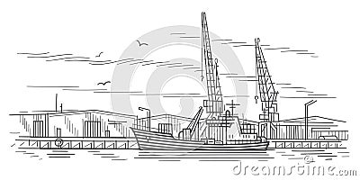 Ship in shipyard linear illustration. Vector Illustration