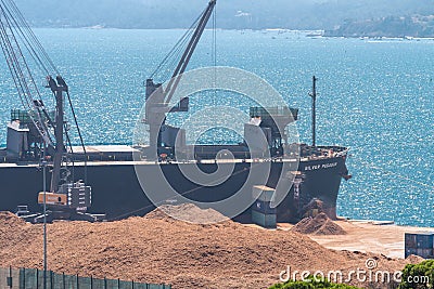 Ship Silver Pegasus in the process of unloading wood chips in the port of Setubal, Portugal Editorial Stock Photo