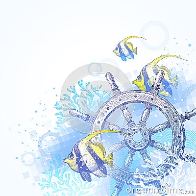 Ship steering wheel, corals and tropical fishes Vector Illustration