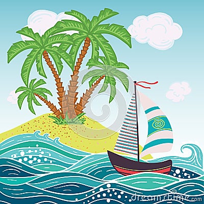 Ship, sun, tropical sea island with palm trees and flowers. Vector illustration. Vector Illustration