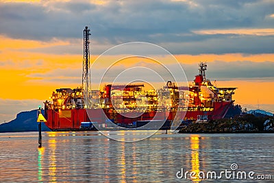 Ship at sunset in Stavanger, Norway. Stock Photo