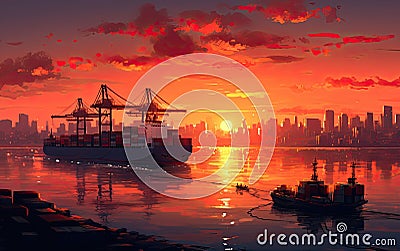 Ship to shore crane loading a container ship. Created with Generative AI technology. Stock Photo