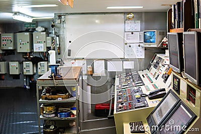 Ship or vessel engine control room ECR. start engine Stock Photo