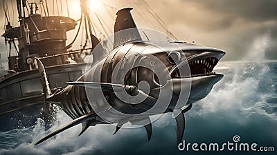 ship in the water A dynamic scene of a steampunk shark, with wires, propellers, and guns, racing away from a ship Stock Photo