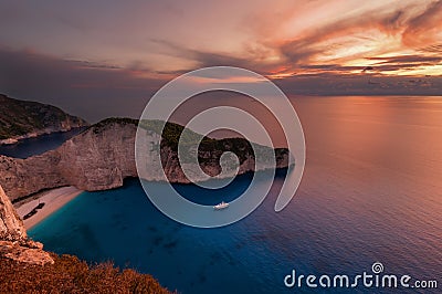 Ship Wreck beach and Navagio bay at sunset. The most famous natural landmark of Zakynthos, Greek island in the Ionian Sea. Stock Photo