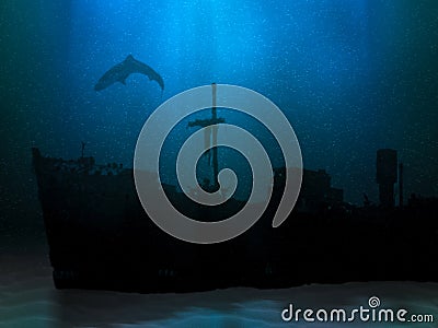 Ship wreck on sea or ocean bottom. Sunk vessel underwater scenery. Silhouette of old abandoned shipwreck and shark above it. Stock Photo