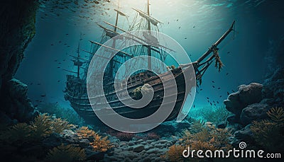 ship wreck in the sea. Pirate boat under the ocean. Decaying remains with coral reefs and masts. Stock Photo