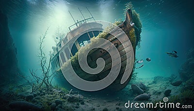 ship wreck in the sea. Pirate boat under the ocean. Decaying remains with coral reefs and masts. Stock Photo