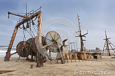 Ship wrecked and buried and abandoned on the coast of the Namibe Desert. Africa, Angola. Stock Photo