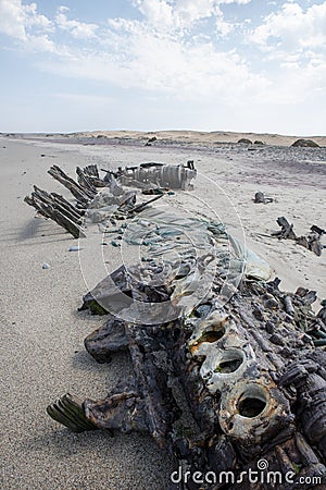 Ship wrecked on Skeleton coast in Namibia desert. Stock Photo