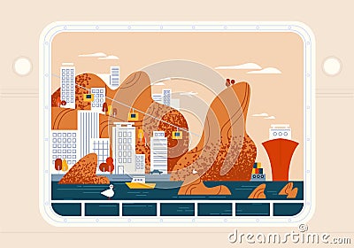 Ship, yacht or sea vessel window view on beautiful seaside town, urban landscape. Around the world trip, cruise, travel Vector Illustration