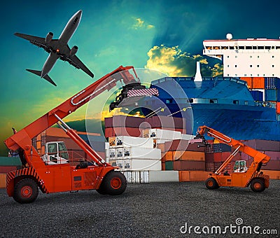 Ship yard logistic by land transport and air plane use for tran Stock Photo