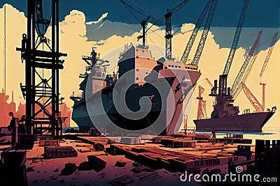 shipbuilding facility, with cranes and ships in various stages of construction Stock Photo