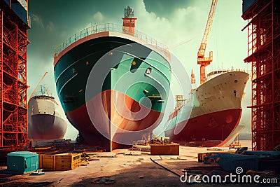 shipbuilding facility, with ships of various sizes and types in different stages of construction Stock Photo
