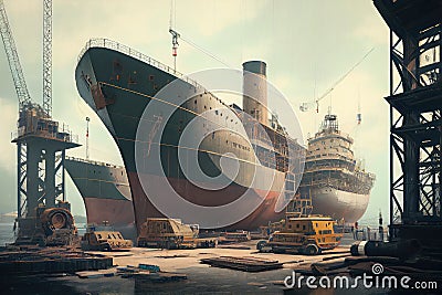 shipbuilding facility, with ships of various sizes and types in different stages of construction Stock Photo