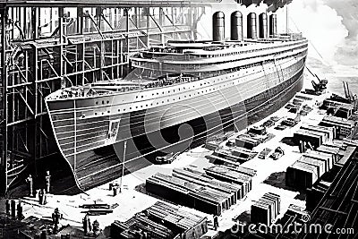 shipbuilding factory, with dozens of workers building luxury passenger liner Stock Photo