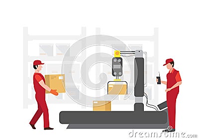 Shipment from warehouse Employees holding parcels from stores, powered by machines. with a controller and loader logistics Vector Illustration