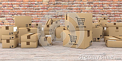 Shipping cartons with the text Online Shopping on the table Cartoon Illustration