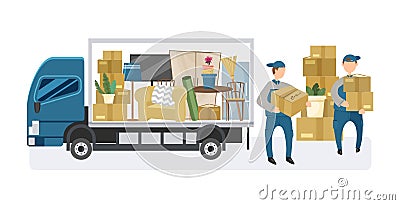 A shipping company with employees who carry things in boxes and furniture Stock Photo