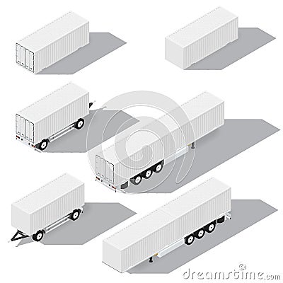 Shipping containers and trailers isometric detailed icons set Vector Illustration