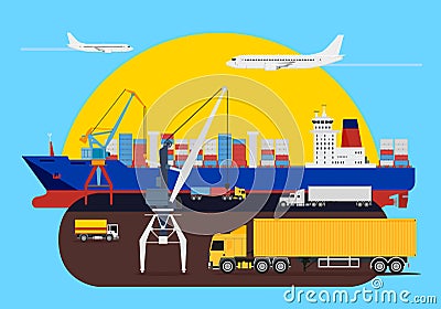 Shipping creative composition in harbour Vector Illustration